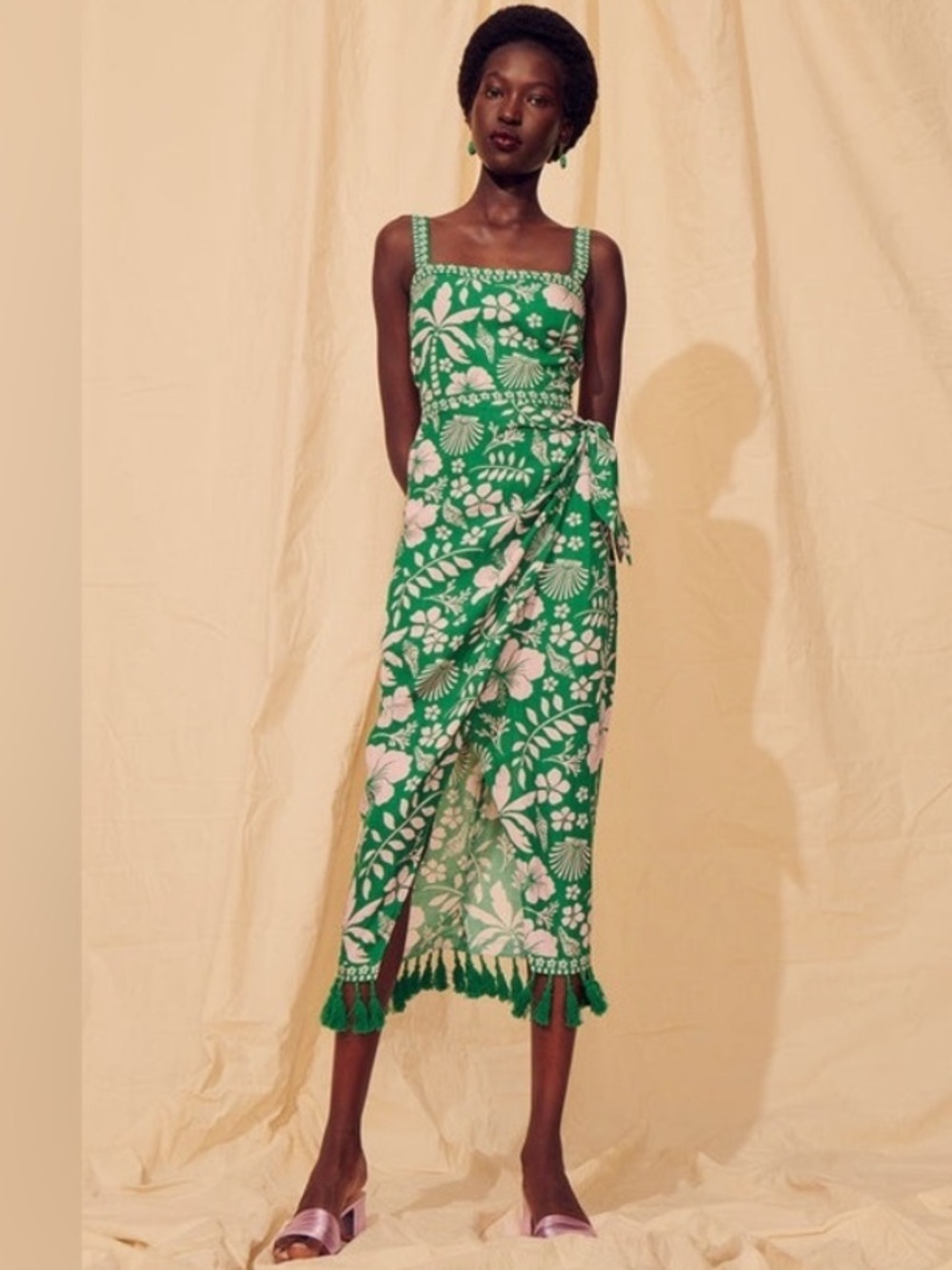 Saylor x Revolve Rorie Midi Dress In Palm Print Tropical Tassel Size Large